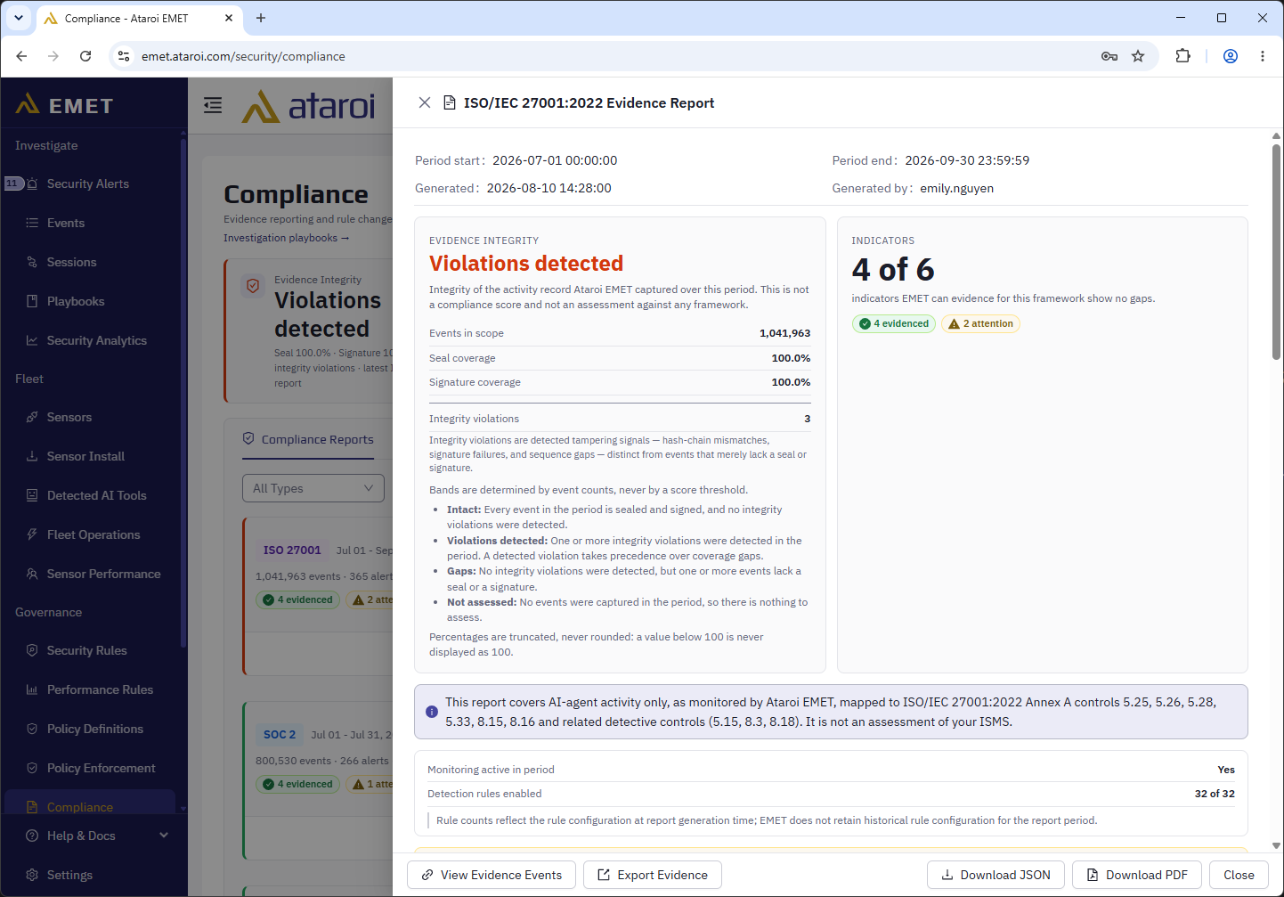 Exporting filtered event data for compliance evidence.